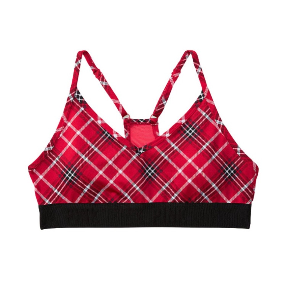Red Pepper Plaid Sports Bra with Black Elastic Band
